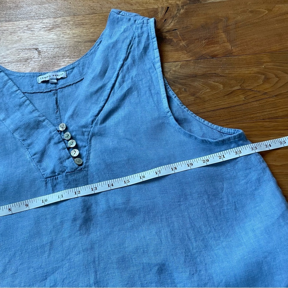 Tempo Paris Light Blue Button Detail 100% Linen V-Neck Sleeveless Dress Large - Picture 9 of 11